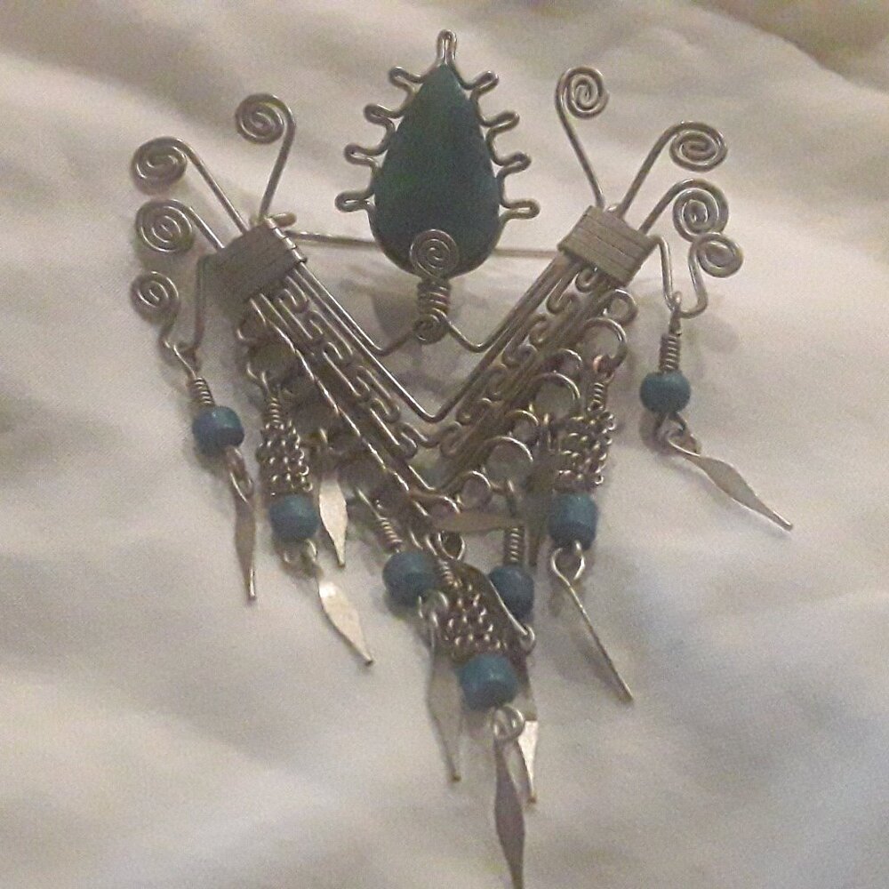 Silver Brooch with Turqouis stone and matching beads...2 inches